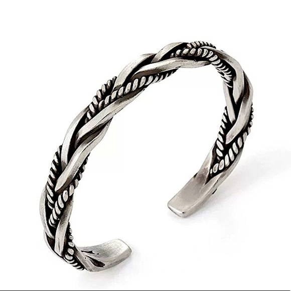 Sterling Silver Braided Unisex Bangle Cuff Bracelet - Picture 2 of 6